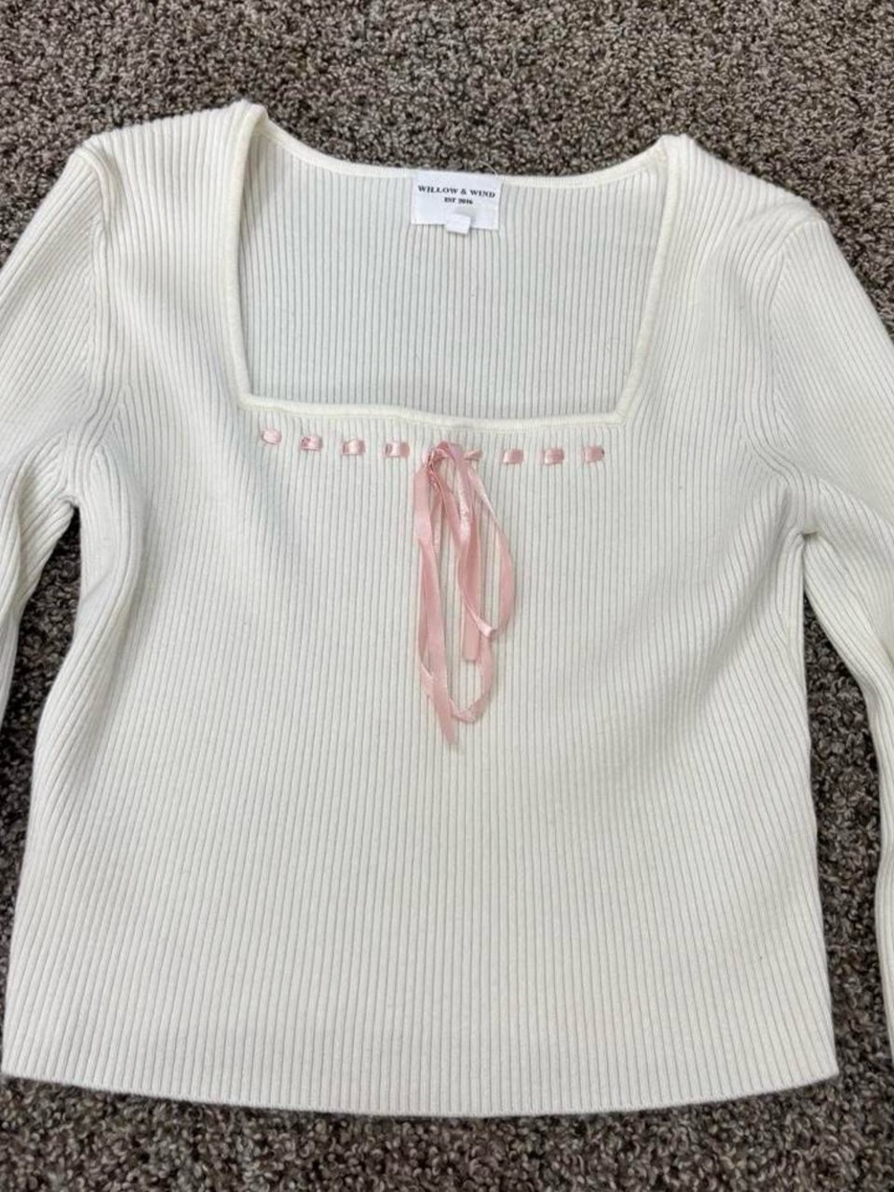 Willow & Wind Cream Ribbed Square-Neck Sweater with Pink Ribbon